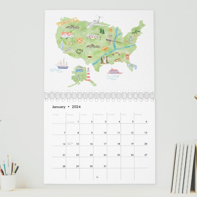 2026 Wasserfarbenländer auf der Weltkarte Kalender (In situ)