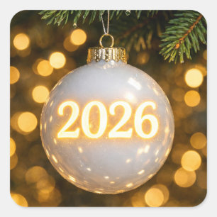 2026 Weihnachtsweißglasornament Quadratischer Aufkleber