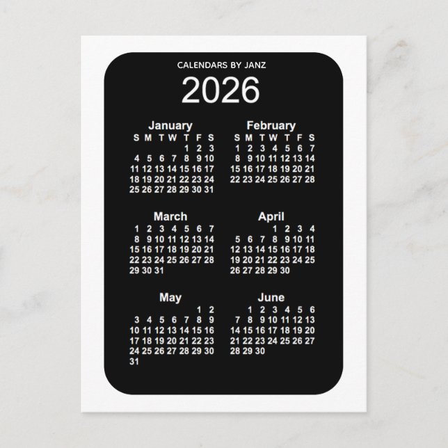 2026 White Neon 6 Month Mini Kalender von Janz Postkarte (Vorderseite)