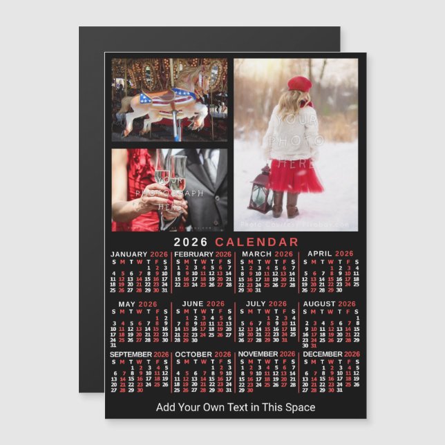 2026 Year Calendar Black Red Personalized Photo Magneteinladung (Vorne/Hinten)