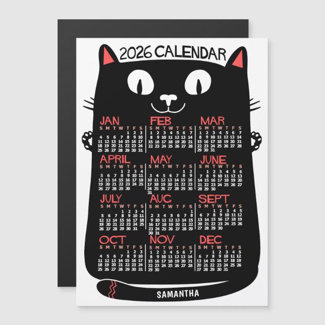 2026 Year Calendar Mid-Century Black Cat Monthly Magneteinladung (Vorne/Hinten)