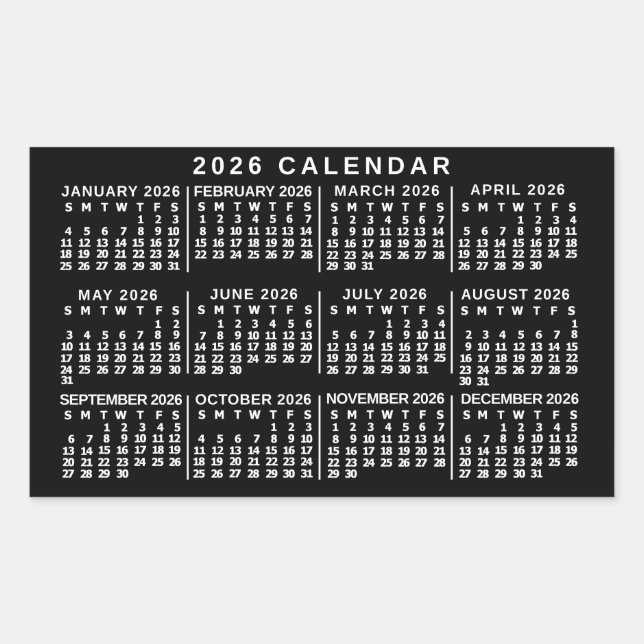 2026 Year Monthly Calendar Classic Black and White Rechteckiger Aufkleber (Vorderseite)