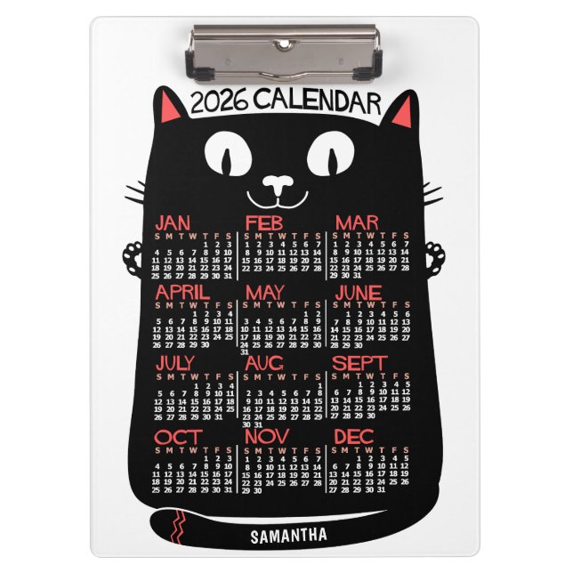 2026 Year Monthly Calendar Mid-Century Black Cat Klemmbrett (Vorderseite)