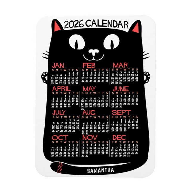 2026 Year Monthly Calendar Mid-Century Black Cat Magnet (Vertikal)