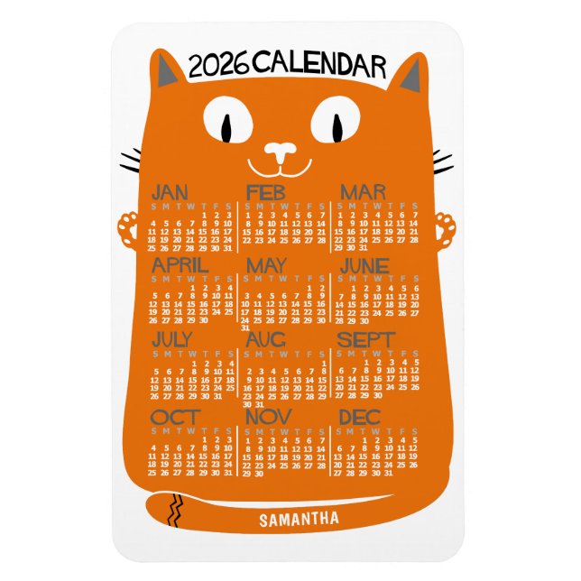 2026 Year Monthly Calendar Mid-Century Orange Cat Magnet (Vertikal)