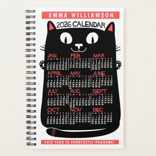 2026 Year Monthly Calendar Midcentury Black Cat Sm Planer (Vorderseite)
