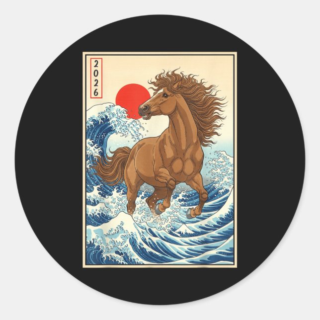 2026 Year Of The Horse Japanese Wave Art Lunar New Runder Aufkleber (Vorderseite)