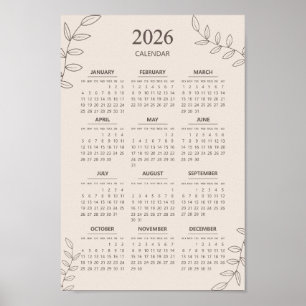 2026 Yearly Calendar Floral Line Art Minimalistisc Poster