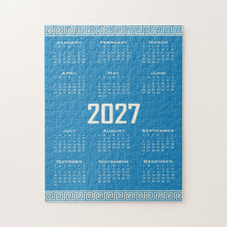 2027 Calendar, Greek Fret, Cosmic Latte on Blue