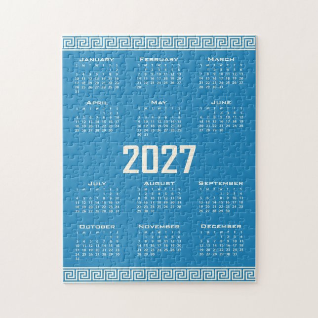 2027 Calendar, Greek Fret, Cosmic Latte on Blue (Vertikal)