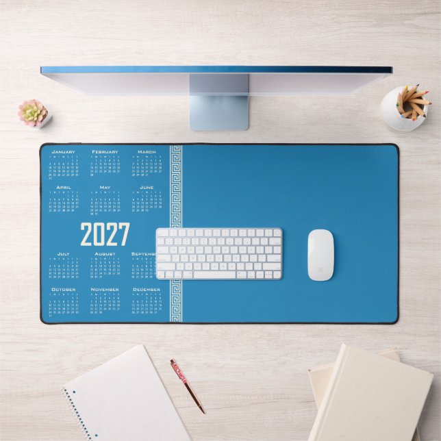 2027 Calendar, Greek Fret, Cosmic Latte on Blue (Bureau 1)