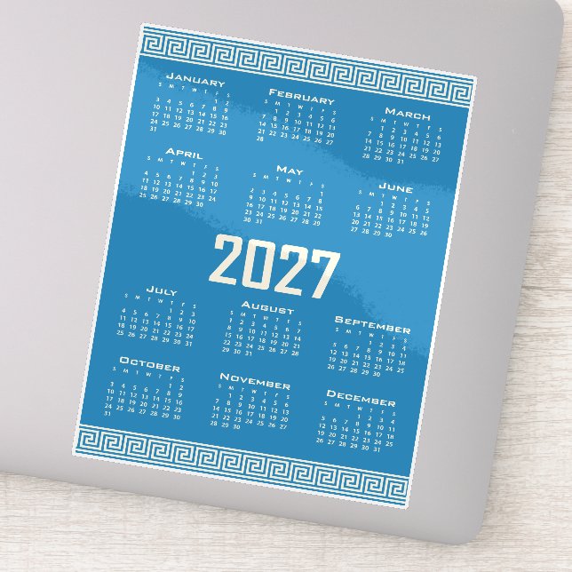 2027 Calendar, Greek Fret, Cosmic Latte on Blue Aufkleber (Detail)