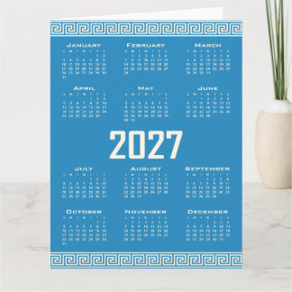 2027 Calendar, Greek Fret, Cosmic Latte on Blue Karte
