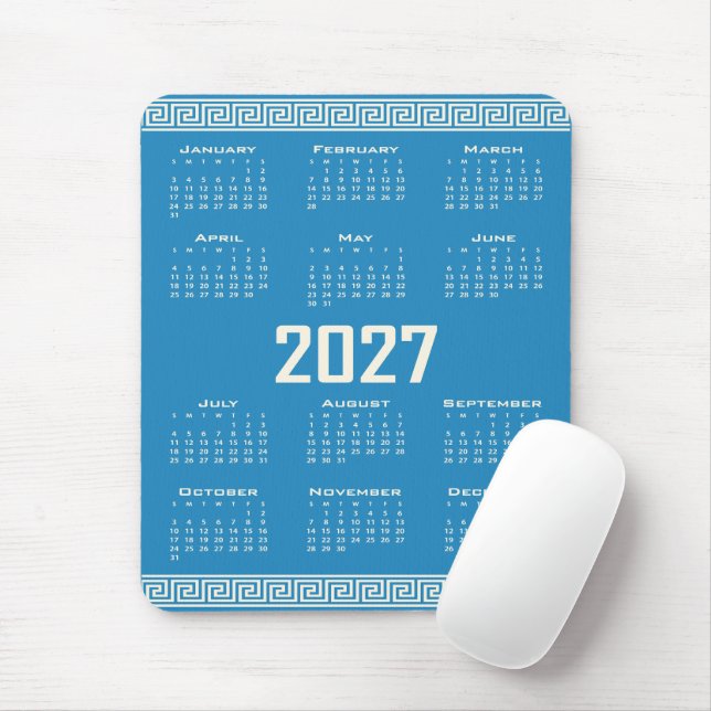 2027 Calendar, Greek Fret, Cosmic Latte on Blue Mousepad (Mit Mouse)