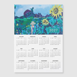 2027 Frau im Sonnenblumenfeld-Malerei-Kalender Magnetkarte