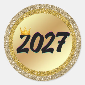 2027 Gold Glitter Krone Neujahr Runder Aufkleber