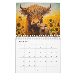 2027 Highland-Kuh-Kalender mit Kalb Sonnenblume Kalender