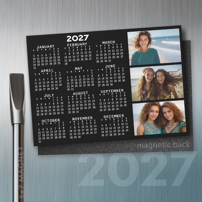 2027 Kalender 3 Fotos Basic Schwarz Minimal Magnet (2027 Calendar Magnet)