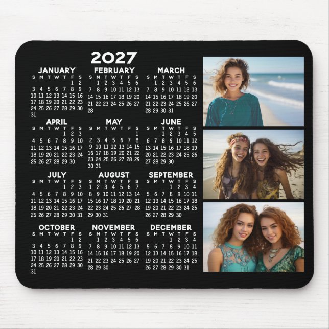 2027 Kalender 3 Fotos Basic Schwarz Minimal Magnet Mousepad (Vorne)