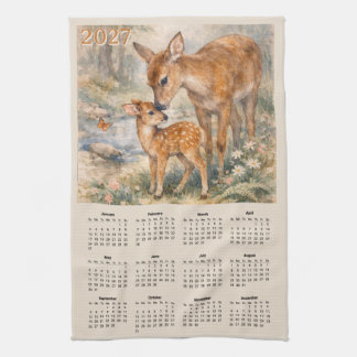 2027 Kalender - Aquarellhirsch und Hirschkalb Geschirrtuch