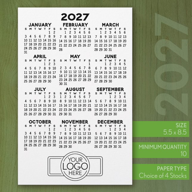 2027 Kalender - Basic Black Minimal Logo Briefpapier (2027 Calendar Stationery Sheets - 5.5 x 8.5 with logo)
