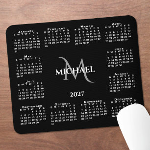 2027 Kalender Chic Monogramm Name auf Schwarz Mousepad