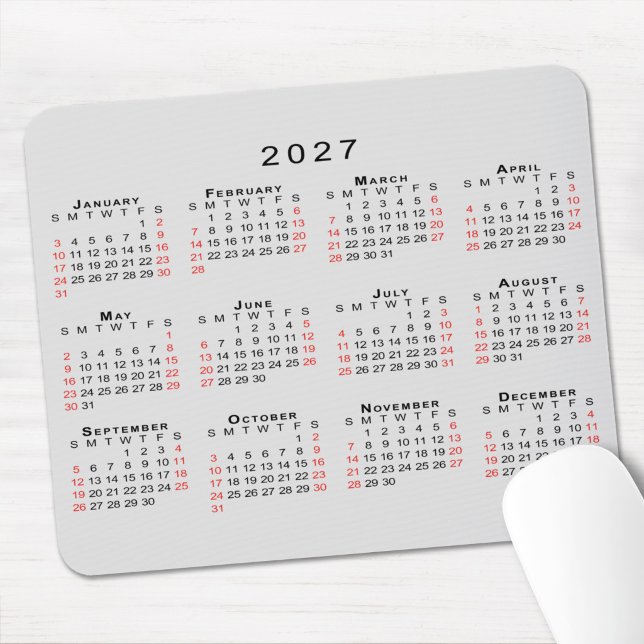 2027 Kalender Einfach Grau Schwarz Rot Mousepad (2027 Calendar Simple Gray Black Red Mouse Pad in situ)
