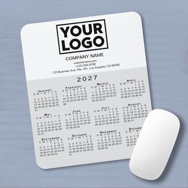 2027 Kalender Firmenlogo Text Grau Weiß Mousepad (2027 Calendar Company Logo Text Grey White Mouse Pad in situ)