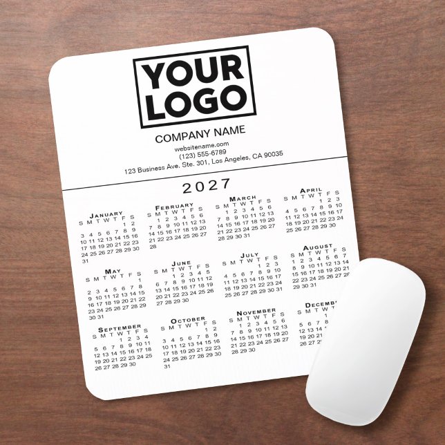 2027 Kalender Firmenlogo Text Weiß Mousepad (2027 Calendar Company Logo Text White Mouse Pad in situ)