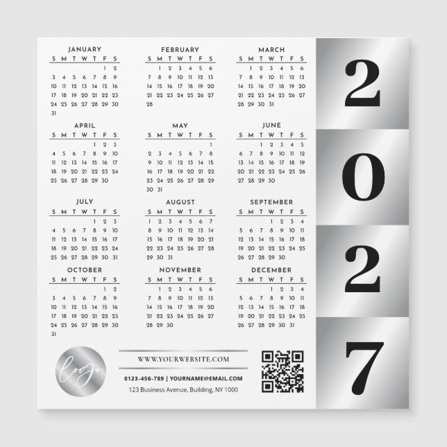 2027 Kalender Geschäft Logo QR Code Chrome Silber Magnetkarte (Vorderseite)