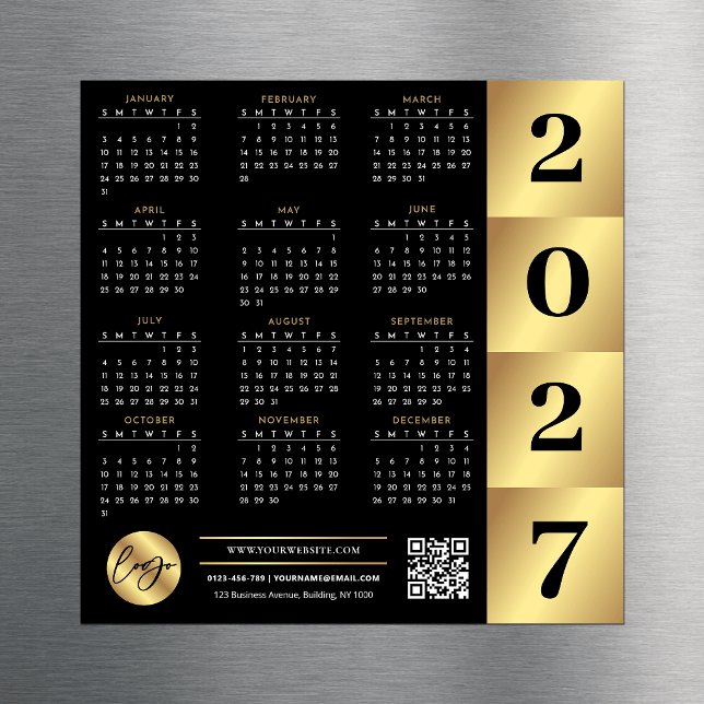 2027 Kalender Geschäft Logo QR Code Schwarz & Gold Magnetkarte (Von Creator hochgeladen)