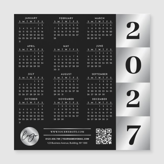 2027 Kalender Geschäft Logo QR Code Schwarz & Silb Magnetkarte (Vorderseite)