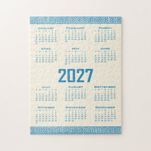 2027 Kalender, Griechisches Fret, Blau auf Cosmic