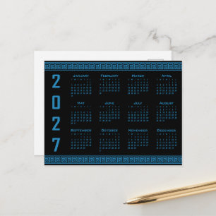 2027 Kalender, Griechisches Fret, Cosmos Blau auf Postkarte