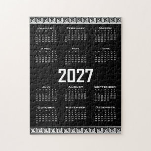 2027 Kalender, Griechisches Fret, Weiß auf Schwarz