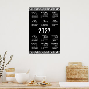 2027 Kalender, Griechisches Fret, Weiß auf Schwarz Poster