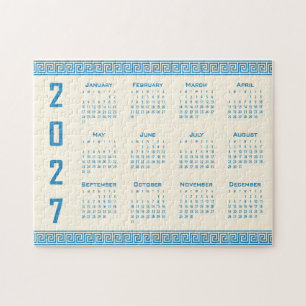 2027 Kalender, Griechisches Mäander, Blau auf Cosm
