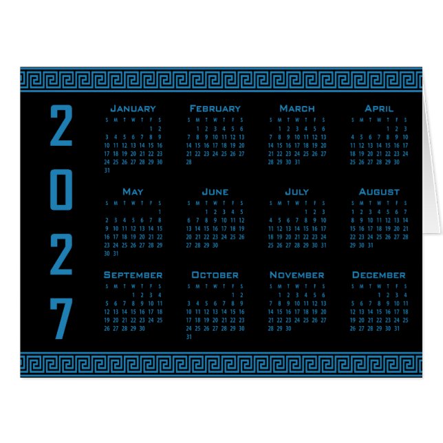 2027 Kalender, Griechisches Mäander, Cosmos Blau a (Vorderseite (Horizontal))