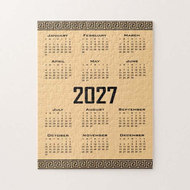 2027 Kalender, Griechisches Mäander, Schwarz auf B (Vertikal)