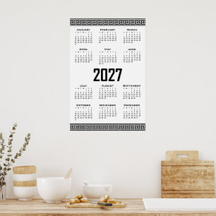 2027 Kalender, Griechisches Mäander, Schwarz auf W Poster