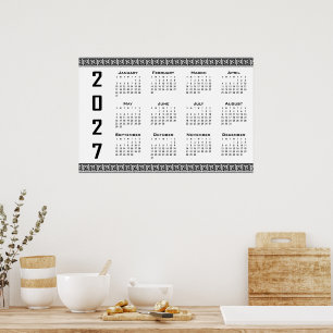 2027 Kalender, Griechisches Mäander, Schwarz auf W Poster