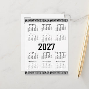 2027 Kalender, Griechisches Mäander, Schwarz auf W Postkarte