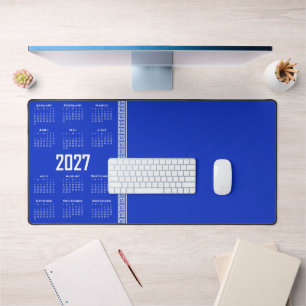 2027 Kalender, Griechisches Mäander, Weiß auf Grie Schreibtischunterlage