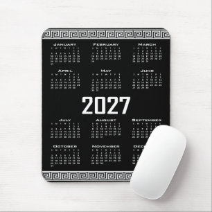 2027 Kalender, Griechisches Mäander, Weiß auf Schw Mousepad