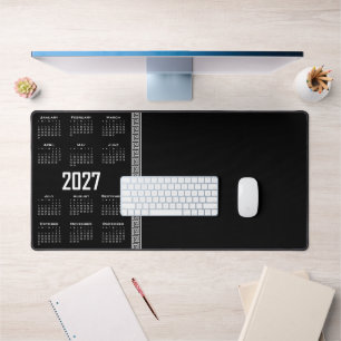 2027 Kalender, Griechisches Mäander, Weiß auf Schw Schreibtischunterlage