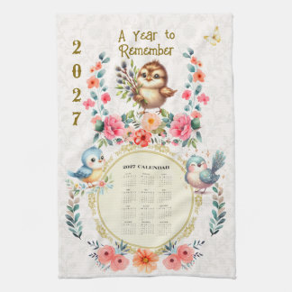 2027 Kalender Handtuch Süße Volks- Blumen Vögel