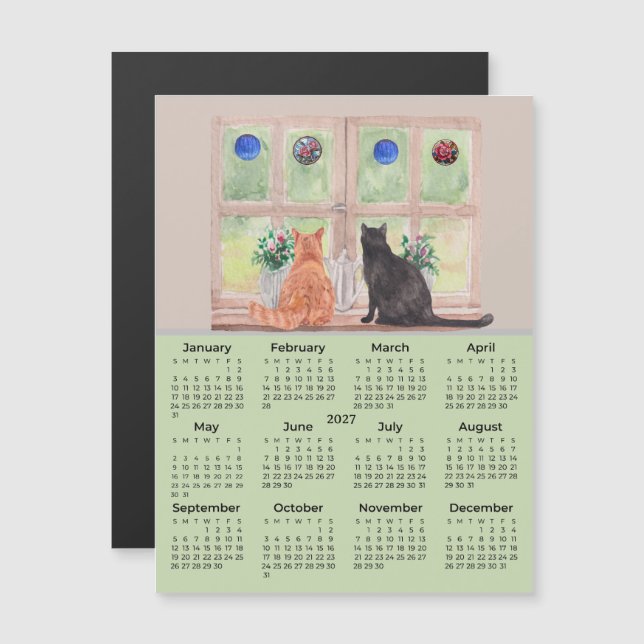 2027 Kalender Katzen im Fenster Kalender Magnet (Vorne/Hinten)
