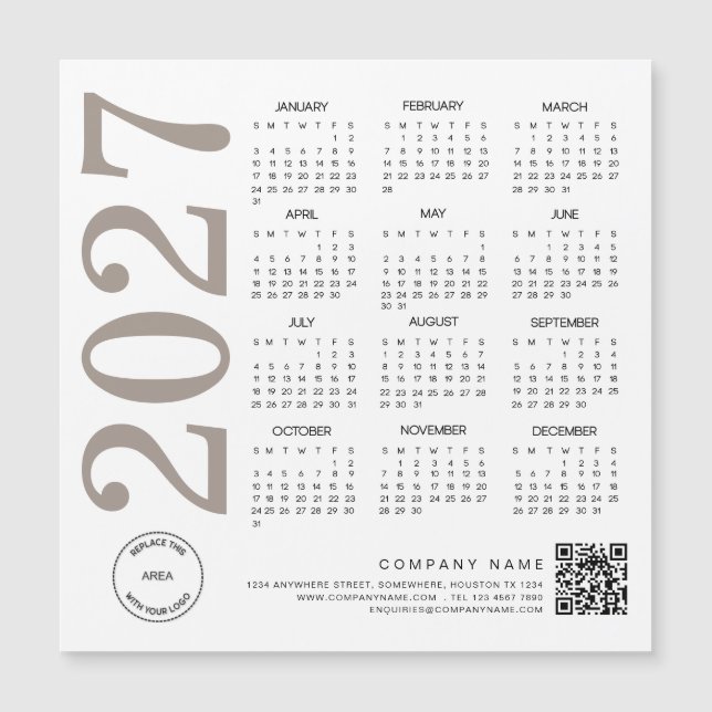 2027 Kalender Logo QR Code Neutral Beige Geschäft Magnetkarte (Vorderseite)
