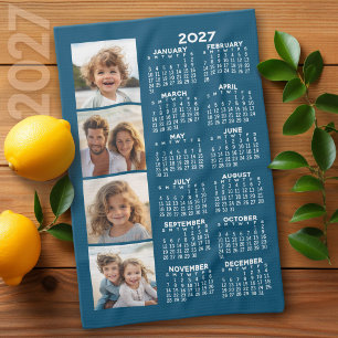 2027 Kalender mit 4 Foto-Collage Blau Geschirrtuch
