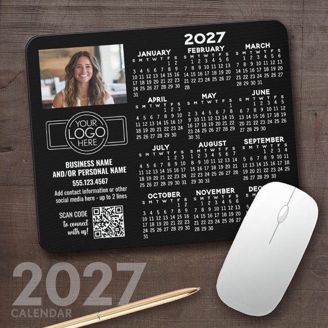 2027 Kalender mit Logo, QR-Code, Foto SCHWARZ Mousepad (2027 Calendar Mousepad)